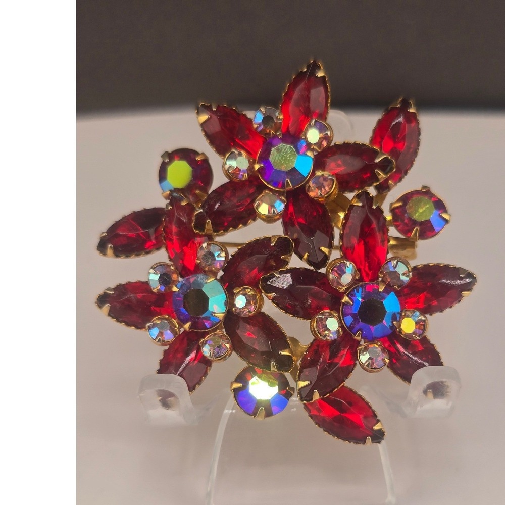 Vintage Estate Brooch Red Aurora Borealis Rhinestone Floral Gold Tone 2in